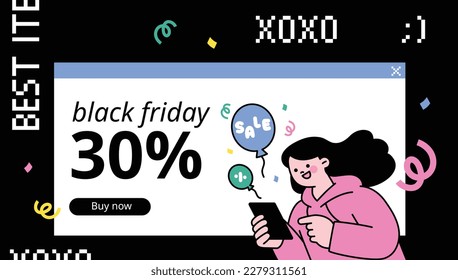 Black Friday event web page concept template. A girl is shopping for sale merchandise on her mobile.