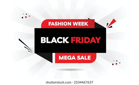 Black Friday Fashion Week Mega Sale editable banner template design with a light white and dark black gradient white background, and bold red shapes perfect for promoting fashion discounts and special