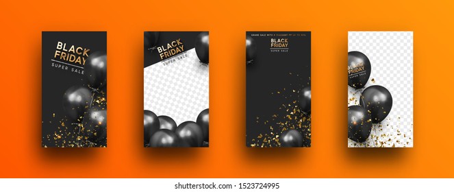 Black Friday. Festive background with helium balloons. Poster, banner, happy anniversary. 3d object ballon with ribbon and confetti. Story template, copy space for text. social media. Social network