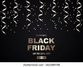 Black friday, festive banner template. Black friday luxury dark golden background with confetti. Sale up to 50% off.