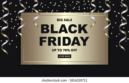 Viernes negro, plantilla de banner festivo. Negro viernes oscuro y dorado fondo de lujo, venta hasta un 70% de descuento.