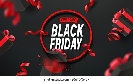 Black friday final sale vector banner with red ribbons and gift boxes