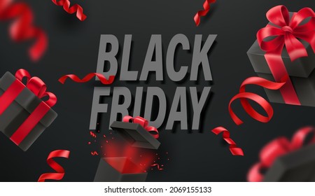 Banner vectorial de venta final del viernes negro con cintas rojas y cajas de regalo