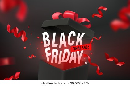 Black friday final sale vector banner with red ribbons and gift boxes