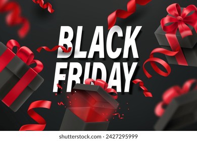 Black friday final sale vector banner with red ribbons and gift boxes