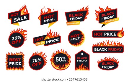 Badges feu Black Friday. Vente chaude flamboyante étiquettes Black Friday avec feu rouge et typographie. Bannières de commerce électronique, étiquettes promotionnelles de magasins, rabais et autocollants publicitaires. Ensemble d'Images vectorielles plates isolées