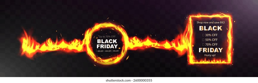Black friday fire frame, discount promotion, hot deal, shopping offer, special offer, big sale, price drop, cyber monday, holiday shopping, retail marketing.	