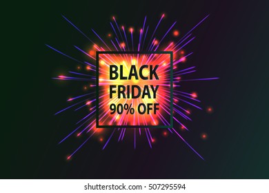 Black Friday. Fireworks discounts. Black friday sale type on firework background. Black friday sale banner. Vector illustration.