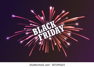 Black Friday. Fireworks discounts. Black friday sale type on firework background. Black friday sale banner. Vector illustration.