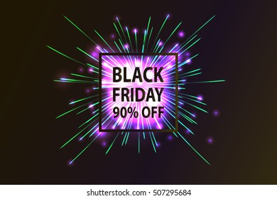 Black Friday. Fireworks discounts. Black friday sale type on firework background. Black friday sale banner. Vector illustration.