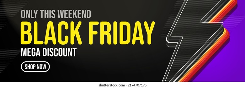 Banner de flash del Black Friday. Promoción de mega descuento de fin de semana. Gran anuncio de evento de compras. Ilustración vectorial de diseño de encabezado de sitio web. Venta del Viernes Negro. Supermayorista