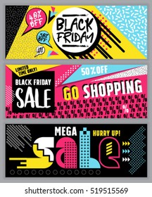 Black Friday Flat design sale website banner template set.  80's, 90's style bright colorful vector for social media, posters, email, print, ads, promotional material. Yellow Pink Blue black and white