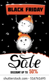 Black Friday, Flat, Funny cartoon character, Funny Characters from the snow holding a banner with discounts. Vector illustration.