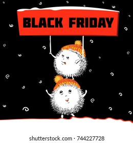 Black Friday, Flat illustration, Funny cartoon character, Funny Characters from the snow holding a banner with discounts. Vector illustration.