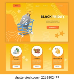 Black friday flat landing page website template. Shopping center, cash back, special offer. Web banner with header, content and footer. Vector illustration.