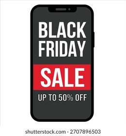 Maqueta de smartphone plana de Black Friday con Anuncios de venta y etiquetas de descuento en diseño de Vector minimalista colorido moderno con fondo transparente.
