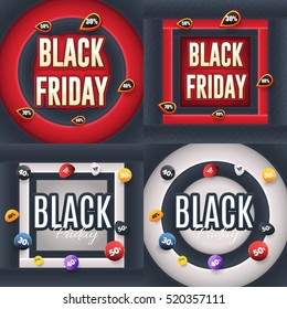 Black Friday Flat Style Tag, Label Ad Set. Business Advertisement Banners Design, Gift Voucher with Creative Different Geometric Shapes
