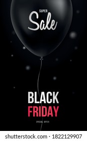 Plantilla de volante de Black Friday. Fondo oscuro con globo negro brillante y texto de venta. Plantilla de diseño de vectores para la promoción de ventas estacionales de noviembre.