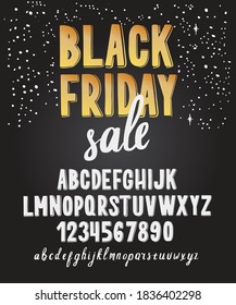 Black friday font. Typography alphabet. Handwritten script for sale season celebration. Design vector with hand-drawn lettering.