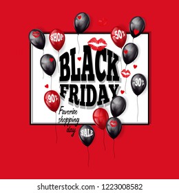 Black friday frame template with red and black balloons, kisses, discounts and hearts on a red background. Vector poster design.