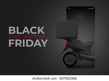 Black Friday free shipping or delivery or online ordering banner concept with realistic delivery scooter on black background. Vector illustration