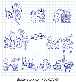 Black Friday funny background. Shopping doodles set. Hand drawn vector illustration on notebook sheet.