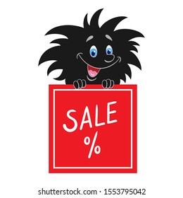 Black friday. Funny cartoon black hero looks out of a red box that says "Sale". Isolated on white background. Vector flat illustration.