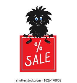 Black Friday. A funny cartoon black hero sitting on a red box with the words "Sale". Isolated on white background. Vector flat illustration.