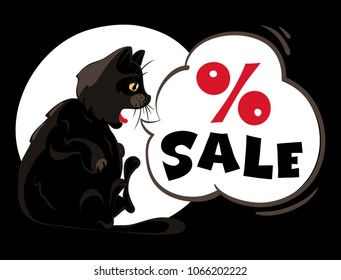Black friday / Funny black cat surprised by discounts, vector illustration