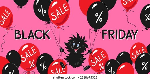 Viernes Negro. Héroe gracioso con globos rojos y negros, texto y letras de "venta". En un fondo rosado. Cartel al estilo de las caricaturas. Ilustración plana vectorial.