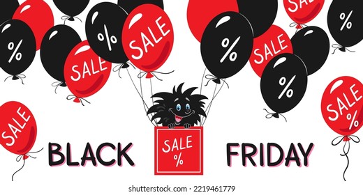 Viernes Negro. Un héroe gracioso en una caja roja con la inscripción "Venta" está volando con globos rojos y negros. Aislado sobre fondo blanco. Cartel al estilo de las caricaturas. Ilustración plana vectorial.