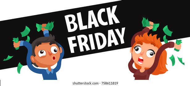 Black Friday Funny Poster. Man And Woman With Money Ready For Shopping. Cartoon Style Vector Illustration