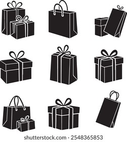 Black Friday gift box and bags silhouette vector art Gift box icon Silhouette vector illustration