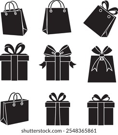 Black Friday gift box and bags silhouette vector art Gift box icon Silhouette vector illustration