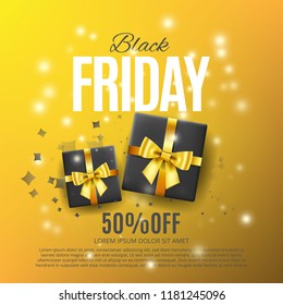 Black friday gift box on yellow background