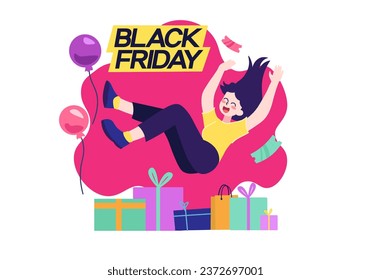 Black Friday and gift campaign concept with people scene in the flat cartoon design. The chain of stores decided to please their customers and gives everyone gifts. Vector illustration.