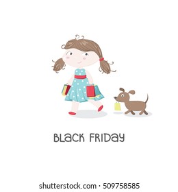 Black Friday gift card with lettering and little girl in spotted light blue dress carrying shopping bags of different colors, with puppy following carrying another shopping bag. Vector illustration.