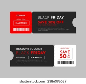 Plantilla de cupón de regalo del viernes negro. 30% descuento en cupón de descuento del viernes negro. Tarjeta de regalo, diseño de boletos de promoción de vacaciones. Ilustración del vector