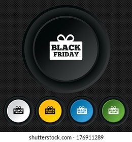 Black friday gift sign icon. Sale symbol. Special offer label. Round colourful buttons on black texture. Vector