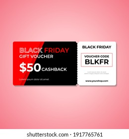 Black friday gift voucher card 50% cashback template design with coupon code promotion text vector illustration