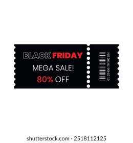 Black Friday gift voucher, coupon with 80% off mega sale template. Vector sale discount, ticket use for poster, newsletter, shopping, promotion, advertising.