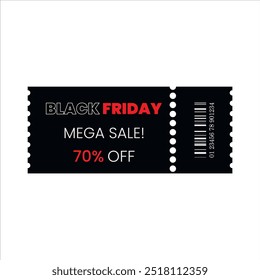 Black Friday gift voucher, coupon with 70% off mega sale template. Vector sale discount, ticket use for poster, newsletter, shopping, promotion, advertising.