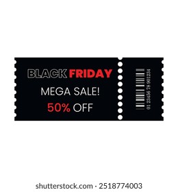 Black Friday gift voucher, coupon with 50% off mega sale template. Vector sale discount, ticket use for poster, newsletter, shopping, promotion, advertising.