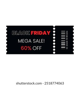 Black Friday gift voucher, coupon with 60% off mega sale template. Vector sale discount, ticket use for poster, newsletter, shopping, promotion, advertising.