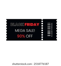 Black Friday gift voucher, coupon with 90% off mega sale template. Vector sale discount, ticket use for poster, newsletter, shopping, promotion, advertising.