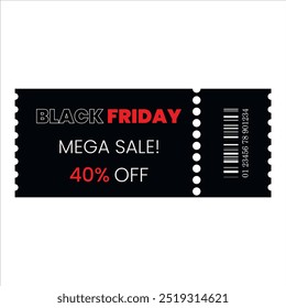 Black Friday gift voucher, coupon with 40% off mega sale template. Vector sale discount, ticket use for poster, newsletter, shopping, promotion, advertising.