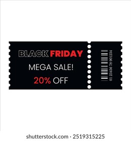 Black Friday gift voucher, coupon with 20% off mega sale template. Vector sale discount, ticket use for poster, newsletter, shopping, promotion, advertising.