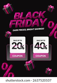 Black Friday gift vouchers with coupon code, gift boxes flying around, isolated on dark background. Black Friday discount banner template in 3d vector