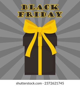 Viernes Negro. Regalo negro con arco amarillo sobre fondo gris. Ilustración vectorial. estilo retro