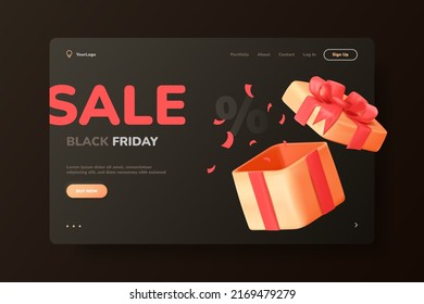 Black friday giftbox. 3d gift box free prize red ribbon bow, cyber offer sale for holiday shopping birthday christmas, bonus surprise clearance poster landing vector illustration. Giftbox package